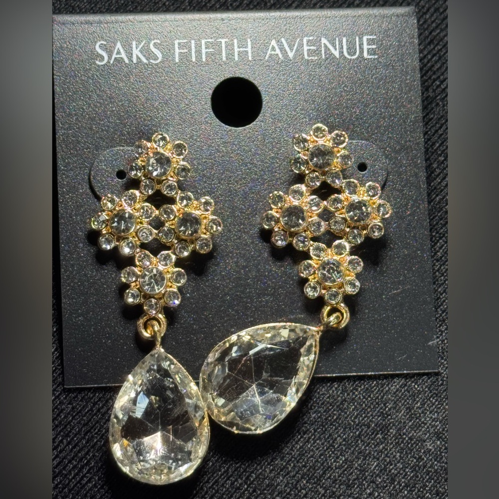Glamorous Saks Fifth Avenue Crystal Flower Post With Dangle Crystal Teardrop